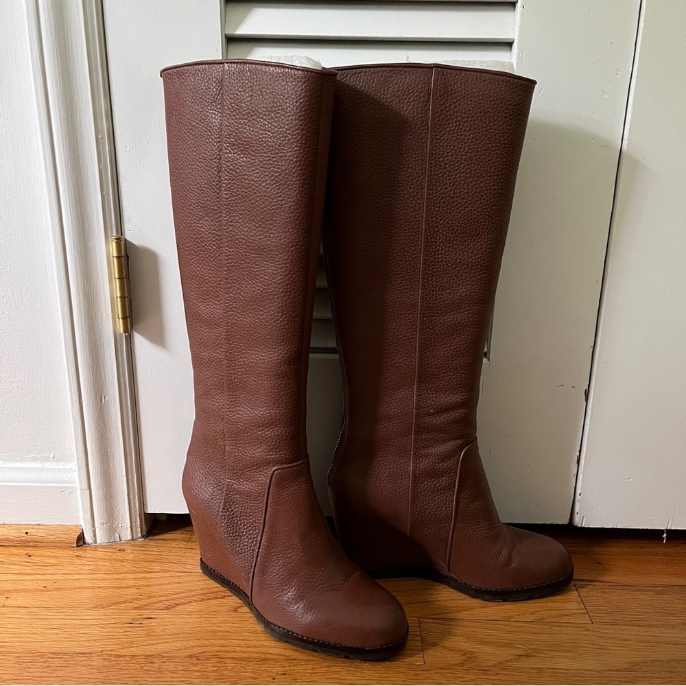 Kate Spade Brown Leather Wedge Knee High Boots, Size 9